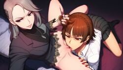 2girls ai_generated black_skirt blush cunnilingus female female_only frown incest licking_pussy makoto_niijima necklace oral oral_sex persona persona_5 pussy pussy_juice pussy_juice_on_tongue sae_niijima sweatdrop tagme white_shirt yuri