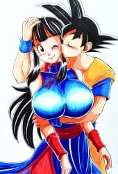 1girl1boy area5169458561 black_hair blush bolt_on_tits busty canon_couple chichi dragon_ball dragon_ball_z holding_waist huge_breasts husband_and_wife kissing_cheek light-skinned_female light_skin saiyan son_goku wholesome