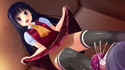 1boy 1girls black_hair black_legwear censored cum female femdom footjob game_cg hips long_hair m_no_jikan misanagi_sayo no_panties oni_mayuge red_eyes school_uniform shoejob skirt skirt_lift tagme thighhighs zettai_kunshu!_sayo_sama!