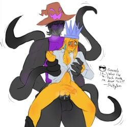 2boys anal anal_sex azure_(forsaken) back_tentacles belly_bulge black_body black_hair blue_eyes clawed_fingers closed_eyes clothed clothing color colored drawing dress_shirt earrings forsaken_(roblox) gay gay_anal gay_male gay_sex hat itrapped itrapped_(forsaken) male male/female male_only male_penetrated male_penetrating penetration roblox roblox_game robloxian self_upload shittysins size_difference tendrils tentacle yellow_body yellow_hair zipper_mouth