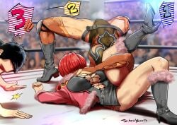 2girls athletic athletic_female audience catfight count_down crossover fit_female high_heels jaycee julia_chang king_of_fighters namco shermie_(kof) snk tekken thighs wrestler wrestling wrestling_boots wrestling_mask wrestling_outfit wrestling_ring wrestlingryona yamato_techno yuri