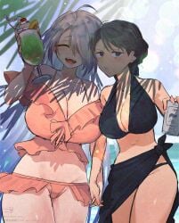 2girls alternate_costume beach beer_can big_breasts bikini black_bikini black_hair breast_size_difference cleavage drink female female_only gegege_no_kitarou genderswap_(mtf) hair_over_one_eye holding_hands huge_breasts kitarou_tanjou_gegege_no_nazo long_hair looking_at_viewer medama_oyaji_(human) mizuki_(gegege_no_kitarou) pink_bikini rule_63 sarong smile soda turbine_tree white_hair wholesome wide_hips yuri