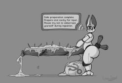 absurd_res anthro ass balls big_ass big_balls big_butt big_penis bodily_fluids butt cake candle dessert dialogue digital_drawing_(artwork) digital_media_(artwork) electronics english_text erection food food_fetish food_on_penis food_play genital_fluids genitals halco_(character) hi_res huge_balls huge_cock humanoid_genitalia humanoid_penis hyper hyper_balls hyper_genitalia hyper_penis lagomorph leporid lino_the_lion looking_at_viewer machine male mammal nude open_mouth penile penis precum rabbit robot robot_anthro shaded simple_background simple_eyes solo speech_bubble standing tail text thick_thighs usb visor white_background white_body white_eyes wide_hips