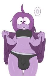 ahoge annoyed balls balls_under_clothes ballsack belly_button black_bra black_panties bra breasts buckteeth bulge covered_penis crushpepper deltarune eyes_half_open eyewear flaccid frown futanari glasses nonbinary panties panty_bulge penis penis_focus penis_outline penis_under_clothes purple_hair purple_skin removing_clothing seth_(deltarune) solo solo_futa stripping taking_clothes_off testicles underwear underwear_only