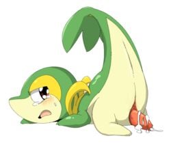 2015 animal_genitalia blush cloaca cum cum_on_ground cum_on_penis doneru erection looking_at_viewer looking_back lying male nintendo on_front penis penis_backwards pink_background pokemon pokemon_(species) pokemon_bw raised_tail scalie simple_background snivy solo tapering_penis tears video_games