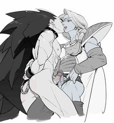 2boys dragon_ball dragon_ball_z femboy frottage gay human kissing male_only monochrome multiple_boys multiple_males penis raditz simple_background yaoi zarbon