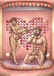 beard big_penis bottle brown_hair gay hairy hairy_male identity_v kurt_frank_(identity_v) male muscular muscular_male nude penis scar servais_le_roy_(identity_v) yunartsn