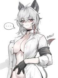 1girls 2025 armband black_armband black_choker black_eyes black_gloves black_hair black_horns black_tail blush breasts choker collarbone collared_shirt curled_horns demon_tail earrings female gloves grey_hair hair_between_eyes hi_res horns jewelry key_earrings large_breasts looking_at_viewer mildt multicolored_eyes multicolored_hair naked_shirt navel no_bra parted_lips red_eyes shirt simple_background solo speech_bubble spoken_ellipsis stomach streaked_hair sweat tail twitter_username two-tone_eyes white_shirt wuthering_waves zani_(wuthering_waves)