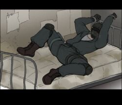 1boy 2d bulge bulge_in_pants bulge_through_clothing bulge_under_clothes call_of_duty captured chien_vebay clothed_erection clothed_male commission dirty_mattress erection faceless_character faceless_male handcuffed handcuffed_to_bed handcuffs john_black_ops male mask masked masked_male military submissive submissive_male