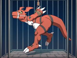 ai_generated angry_face bondage digimon guilmon reptile suspension tied_up