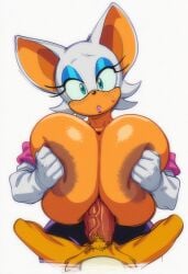 ai_generated bare_breasts bat blue_eyeshadow bodysuit breasts breasts_squeezed_together covering_nipples edited edited_by_uploader fox furry_only gigantic_breasts green_eyes huge_breasts miles_tails_prower nipples nude omboope paizuri pov rouge_the_bat self_upload sonic_(series) straight tail tails tails_the_fox titjob