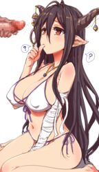 1boy antenna_hair bandage black_hair breasts censored clearite danua doraf erect_nipples female granblue_fantasy hand_to_own_mouth highres horns kneeling large_breasts long_hair mosaic_censoring penis red_eyes simple_background solo_focus swimsuit