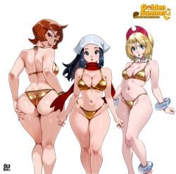 2025 3girls akari_(pokemon) arezu_(pokemon) armwear ass big_ass big_breasts blonde_hair blue_eyes blue_hair female female_only game_freak golden_bikini groping groping_ass hat irida_(pokemon) kyoffie nintendo pale-skinned_female pale_skin patreon pokemon pokemon_legends:_arceus red_eyes red_hair swimwear tagme thick_thighs watermark white_background