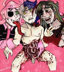 3boys 777verse ahoge blood blush cropped_legs dice_carroll ethan_johansen ewwwabug eyepatch facial_scar fangs gloves gore green_eyes green_hair guro guts intestines licking long_hair long_tongue loveless_biker_boys multicolored_hair multiple_boys nipple_piercing nipples oc parasite penis smile stubble sweating tongue tongue_out varai_varai(lbb) worms yaoi