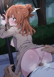 1boy absurdres anus ass black_pants blush boku_no_kokoro_no_yabai_yatsu breasts breath bush censored coat commentary cum cum_in_pussy dark-skinned_male ejaculation female grabbing_another's_ass groping hair_bun half_updo highres holding holding_pole lamppost long_hair mekato mosaic_censoring naked_coat night nipples orange_eyes orange_hair outdoors paid_reward_available pants penis pole pov pussy sekine_moeko sex shirt small_breasts steaming_body straight tree trench_coat twitching vaginal_penetration veins veiny_penis white_shirt wide-eyed