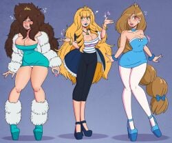 3girls ass big_ass big_breasts bimbo bimbos blonde_hair brown_hair bubble_butt dress huge_breasts panties wide_hips wrenzephyr2