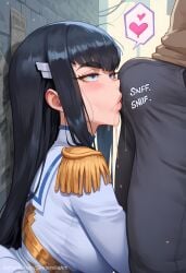 1boy ai_generated ass bangs black_hair blue_eyes blush breasts bulge busty commission epaulettes female hair_ornament hairclip heart huge_ass kill_la_kill kiryuuin_satsuki long_hair male patreon patreon_url patreon_username sidelocks sinderellaart sniff sniffing spoken_heart straight teen teenager text thick thick_eyebrows thick_legs thick_thighs voluptuous