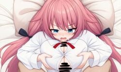 1boy after_fellatio bar_censor black_bow blue_eyes blush bow breasts breasts_squeezed_together button_gap censored cleavage collared_shirt commentary_request commission cum cum_on_body cum_on_hair dutch_angle facial female from_above frown ghost_villager grabbing_own_breast hair_between_eyes hairbow hamidashi_creative head_on_pillow highres large_breasts long_hair long_sleeves low_twintails lying male neck_ribbon nose_blush on_back on_bed open_mouth paizuri paizuri_under_clothes pillow pink_hair pixiv_commission pov pov_crotch red_ribbon ribbon school_uniform shirt solo_focus straddling_paizuri straight tears tokiwa_kano twintails upper_body v-shaped_eyebrows variant_set very_long_hair white_shirt