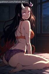 1female ai_generated blushing bra demon_slayer horn kamado_nezuko kimetsu_no_yaiba looking_at_viewer muscular nezuko_kamado panties underwear veins velvetart