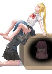3girls @_@ absurdres ahoge arm_support barefoot blonde_hair blue_hair blush bocchi_the_rock! bow bowtie box cardboard_box clenched_hand closed_eyes collared_shirt commentary_request cube_hair_ornament feet gotou_hitori grey_skirt grey_sweater hair_ornament hairclip hand_on_another's_thigh hand_on_own_chest highres hugging_own_legs ijichi_nijika implied_cunnilingus jacket kneeling knees_up legs_up long_hair long_sleeves medium_hair motion_lines multiple_girls no_legwear on_box open_mouth pants parted_lips pink_hair pink_jacket pink_pants pleated_skirt ponytail_with_braided_base pussy_juice pussy_juice_puddle red_bow red_bowtie reiku09 school_uniform shimokitazawa_high_school_uniform shirt short_sleeves side_ponytail simple_background sitting sitting_on_box skirt straight_hair sweater toes track_jacket trembling variant_set wavy_mouth white_background white_shirt wing_collar x-ray yamada_ryou yuri