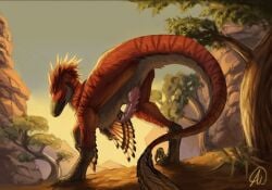 ass biped bipedal_feral claws dakotaraptor detox_(detoxtheraptor) dinosaur dromaeosaurid erection feathered_crest feathered_dinosaur feathered_scalie feathers feral genitals head_crest hi_res looking_at_viewer looking_back looking_back_at_viewer low-angle_view male outside penis plant prehistoric_species ravuki rear_view reptile scalie sickle_claw solo standing tail theropod toe_claws tree winged_arms wings