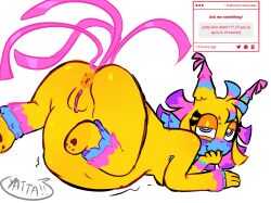 ass asshole behind_view dandy's_world fat furry furry_only looking_at_viewer looking_back pussy roblox roblox_game vore vore_belly yatta_(dandy's_world) yellow_body