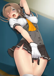 blue_eyes blush brown_hair clothes_writing female fingering gloves gradient_background hairband highres kantai_collection long_hair masturbation one_eye_closed open_mouth pussy_juice saikun2013 school_uniform solo striped_background teruzuki_(kantai_collection) thighhighs