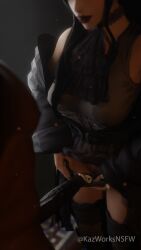 3d 3d_(artwork) 3d_background 3d_model 3d_render 8k blender bondage cock cum cum_in_panties cum_on_panties cum_pool cum_puddle dark-skinned_male dark_lighting dark_room dick dominant dominant_female domination female final_fantasy final_fantasy_xiv gaia_(ffxiv) hi_res highres kazworksnsfw licking_lips licking_own_lips male pantyjob penis square_enix tied_up