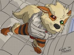 2024 4_toes ankle_cuffs anthro arcanine asylum black_snout blonde_hair bondage bondage bound clothing collar_tag cuff_(restraint) digital_drawing_(artwork) digital_media_(artwork) ears_back fangs feet fluffy fluffy_tail fur generation_1_pokemon green_eyes grey_markings grey_sclera grey_stripes hair heterochromia hi_res high-angle_view inside jockstrap kemira leg_tuft long_tail looking_through looking_through_window male markings multicolored_body multicolored_fur nintendo orange_body orange_ears orange_feet orange_fur orange_legs orange_paws padded_room pivoted_ears pokemon pokemon_(species) red_clothing red_eyes red_jockstrap red_underwear restraints signature solo standing straitjacket straps striped_legs stripes tail team_rocket teeth toes tuft two_tone_body two_tone_fur underwear worried yellow_body yellow_fur yellow_inner_ear yellow_tail yellow_tuft