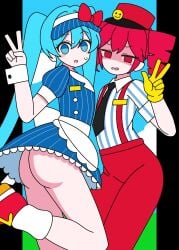 2d 2d_(artwork) 2girls ass ass_focus blue_eyes blue_hair blush clothed clothed_female clothing curvy curvy_female curvy_figure detached_cuffs female female_focus female_only flat_chest fully_clothed hat hatsune_miku hips hypnosis hypnosis kasane_teto kasane_teto_(sv) large_ass mesmerizer_(vocaloid) mesmerizer_miku mesmerizer_teto necktie no_panties peace_sign petite petite_female raised_leg red_eyes red_hair simple_background skirt slim_girl slim_waist sparkling_eyes synthesizer_v thick_thighs thighs twin_drills twintails upskirt utau vocaloid worried worried_expression