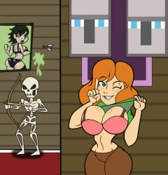 alex_(minecraft) arrow arrow_(projectile) arrow_(weapon) arrows bow bow_(weapon) breasts female freckled_breasts freckles green_eyes hourglass_figure lifting_shirt looking_at_viewer minecraft nipples no_panties size11shaolins skeleton skeleton_(minecraft) winking winking_at_viewer censored