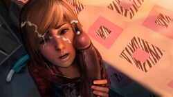 1boy 1girls 2d 2d_(artwork) artist_request brown_hair cum cum_on_face cum_on_hair dark-skinned_male dark_skin earbuds facial female freckles holding_penis large_penis life_is_strange male max_caulfield open_mouth penis solo_focus vibrator
