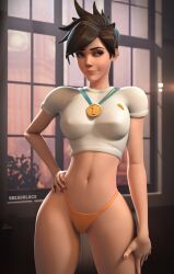 1girls 3d 3d_(artwork) alternate_version_available breadblack brown_eyes brown_hair colored_nails female hand_on_hip high_resolution highres lena_oxton looking_away medal nipple_bulge orange_thong overwatch overwatch_2 solo tracer white_shirt