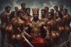 ai_generated ass big_ass big_butt bisexual_male clothing crown dark-skinned_female dark-skinned_male female harem jewelry king male male/female nude nudity sword