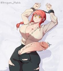 big_breasts big_penis breasts chainsaw_man dickgirl dominated dragon_fish6 female female_focus futa_only futanari handcuffs intersex laying_down laying_on_bed long_hair looking_at_viewer makima_(chainsaw_man) nipple_bulge penis red_hair ripped_clothing solo unusual_pupils yellow_eyes