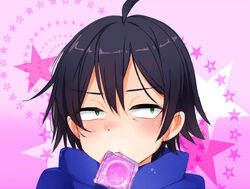 1boy black_hair blush condom condom_in_mouth cr-r gradient_background green_eyes hikigaya_hachiman male_only my_teen_romantic_comedy_snafu sanpaku solo