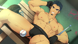 1boy abs armpits bacchikoi! bara baseball baseball_bat bench bulge coach cocky cocky_smile genji_tadano gloves hand_on_head jockstrap looking_at_viewer looking_down looking_down_at_viewer low-angle_view male male_only muscle muscles muscular muscular_male nipples pecs pov pov_eye_contact reclining sitting smile smiling smiling_at_viewer smirk smirking smirking_at_viewer smug smug_grin solo solo_male sports topless underwear