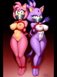 ai_generated amy_rose big_breasts blaze_the_cat bondage bound breasts cat_girl catgirl damsel_in_distress damsels_in_distress duct_tape duct_tape_gag duo felid feline feline female gag gagged girls hedgehog hedgehog_girl helpless mouth_covered naked nude pink_body pink_fur purple_body purple_fur sonic_(series) sonic_the_hedgehog_(series) tape_gag tied_up