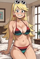 1girls ai_generated bedroom blonde_hair blush breasts civitai cleavage earrings female indoors large_breasts leni_loud long_hair looking_at_viewer nickelodeon pan-african_flag panties smile solo sunglasses the_loud_house