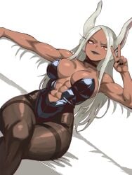 1girls abs animal_ears big_breasts black_lipstick black_nails boku_no_hero_academia breasts bunny_ears bunny_girl bunnysuit busty choker cleavage crossed_legs curvy dark-skinned_female dark_skin enji_masterbiy female lipstick long_hair looking_at_viewer miruko muscular muscular_female my_hero_academia nail_polish pantyhose peace_sign red_eyes rumi_usagiyama sitting solo thick_thighs v v_sign white_hair