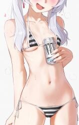 belly belly_button bikini breasts elf elf_ears elf_female elf_girl female female_only frieren frieren_beyond_journey's_end monster monster_energy navel nipple_peek petite petite_body petite_breasts petite_girl pubic_hair pubic_hair_peek skinny skinny_girl small_breasts smaller_female smile smilling sousou_no_frieren summer waligner white_background white_hair