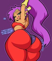 1girls armwear ass ass_focus badjujuarts big_ass blue_eyes breasts clapping_ass clapping_cheeks clothed dark-skinned_female dark_skin dialogue female female_focus female_only from_behind genie genie_girl gold_jewelry huge_ass jewelry looking_at_viewer looking_back ponytail purple_hair shantae shantae:_half-genie_hero shantae_(character) solo solo_female solo_focus thick thick_ass thick_thighs twerking
