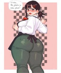 1female 1females 1girls 1woman 2d 2d_(artwork) 2d_artwork apron ass ass_focus black_apron black_hair blush blushing_at_viewer blushing_female booty booty_focus border bow bow_tie bowtie breasts bright_pupils brown_eyes bubble_ass bubble_butt butt_focus buttocks chainsaw_man champchidi checkered_background collared_shirt creepshot english english_commentary english_dialogue english_language english_text fat_ass feet_out_of_frame female film_grain from_behind green_pants hair_ornament hairclip hands_up higashiyama_kobeni huge_ass huge_booty huge_butt index_finger_raised kobeni_higashiyama long_hair long_sleeves looking_at_another looking_at_viewer looking_back mole mole_beside_mouth mole_under_eye nervous nervous_expression nervous_face nervous_female nervous_sweat nervous_sweating open_mouth outline outside_border pants phat_ass pink_background point_of_view ponytail pov pov_eye_contact pov_male red_bow_tie red_bowtie shirt shirt_tucked_in simple_background single_sidelock sole_female solo solo_female speech_bubble speech_bubbles standing straight_hair sweat sweatdrop sweaty thicc thicc_ass thicc_thighs thick thick_ass thick_butt thick_hips thick_legs thick_thighs trembling upper_teeth_only white_border white_outline white_pupils white_shirt