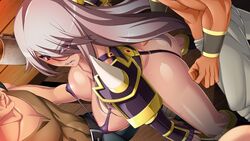 areola_slip ass ass_grab belt blush boots breasts dark_skin dutch_angle erect_nipples female game_cg grey_hair highres huge_breasts ingoku_oujo:_senjou_ni_ochiru_futari_no_ikusame legs long_hair looking_back migakeba_hikaru pink_eyes standing sweat table thighs thong