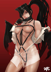 21yc areola_slip black_hair breasts dominatrix female fingerless_gloves gloves gradient_background half_mask looking_at_viewer mabinogi mask_removed ponytail see-through solo succubus succubus_(mabinogi) tied_hair unbuttoned undressing vindictus wings