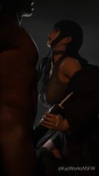 3d 3d_(artwork) 3d_background 3d_model 3d_render 8k blender bondage cock cum cumming cumshot dark-skinned_male dark_lighting dark_room dick dominant dominant_female domination ejaculation female final_fantasy final_fantasy_xiv gaia_(ffxiv) handjob hi_res highres kazworksnsfw male milking_handjob penis square_enix tied_up