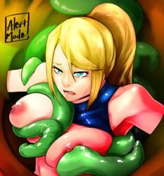 alertmode blonde_hair blue_eyes breasts lips metroid nintendo nipples ponytail samus_aran shirt_lift tentacle tied_hair