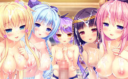 1boy 5girls aoi_miyabi arisegawa_arle ayasaki_yuu black_hair blonde_hair blue_eyes blue_hair blush boku_to_koi_suru_ponkotsu_akuma. breasts bukkake censored cum fujima_emiri game_cg harem kiritani_riria large_breasts mosaic_censoring multiple_girls panties pink_hair ponytail purple_eyes purple_hair red_eyes sayori short_hair smile_(company) succubus tied_hair topless yellow_eyes