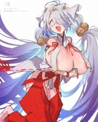 alternate_costume areola_slip arm_under_breasts big_breasts blush breast_curtains breasts cameltoe cleavage cute_fang female female_only gegege_no_kitarou genderswap_(mtf) gigantic_breasts hair_ornament hair_over_one_eye hakama huge_breasts japanese_clothes kitarou_tanjou_gegege_no_nazo long_hair looking_at_viewer medama_oyaji_(human) miko miko_outfit nipple_bulge nontraditional_miko pussy rule_63 smile solo turbine_tree twintails very_long_hair white_hair
