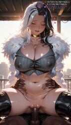 1boy 1girls ai_generated black_footwear black_hair blush boots bottomless breasts censored chest_tattoo choker cleavage clothed_sex coat collarbone covered_nipples cowgirl_position dark-skinned_female dark-skinned_male dark_skin earrings erection fur_coat fur_trim gloves goddess_of_victory:_nikke gold_choker heart interracial jewelry large_breasts long_hair meitabuu mosaic_censoring multicolored_hair navel necklace open_mouth penis pinstripe_pattern pussy pussy_juice red_eyes reverse_cowgirl_position rosanna_(nikke) sex sex_from_behind shirt smile solo_focus split-color_hair spread_legs stomach straddling straight striped_clothes striped_shirt sweat tattoo testicles thigh_boots thighhighs thighs two-tone_hair uncensored vaginal_penetration vertical-striped_clothes vertical-striped_shirt virtual_youtuber white_coat white_hair